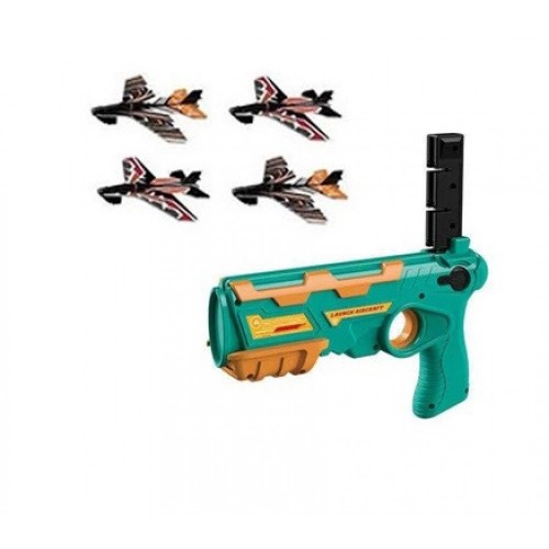 Pistol de jucarie tip lansator cu 4 avioane verde