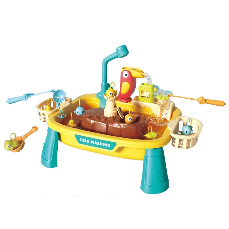 Set 2 in 1 Joc de Pescuit si Chiuveta de Bucatarie pentru Copii – Masa de Joaca cu Apa si Accesorii Galben