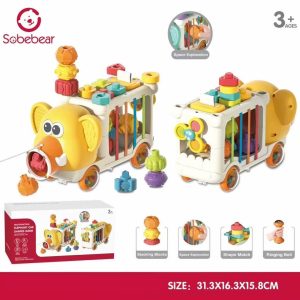 Jucarie educativa 5 in 1 – Elefantel interactiv cu forme, sortare si cuburi de stivuit