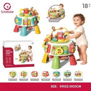 Centru de activități educativ pentru bebeluși 6-18 luni, masă interactivă cu muzică, lumini și jocuri motrice – Puzzle Treasure Chest