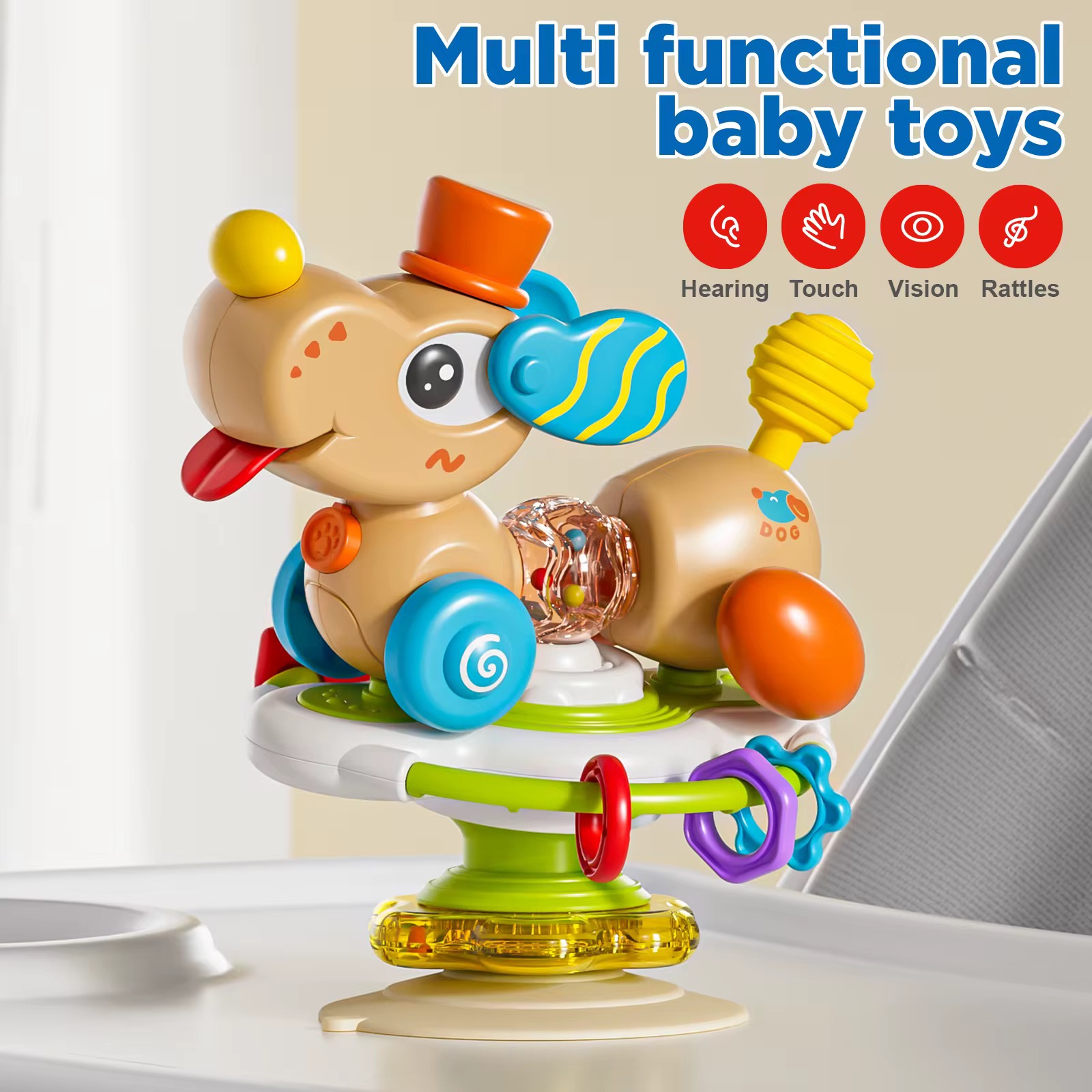 Jucarie interactiva pentru bebelusi – Catelus cu activitati si sunete + volan rotativ - imagine 4