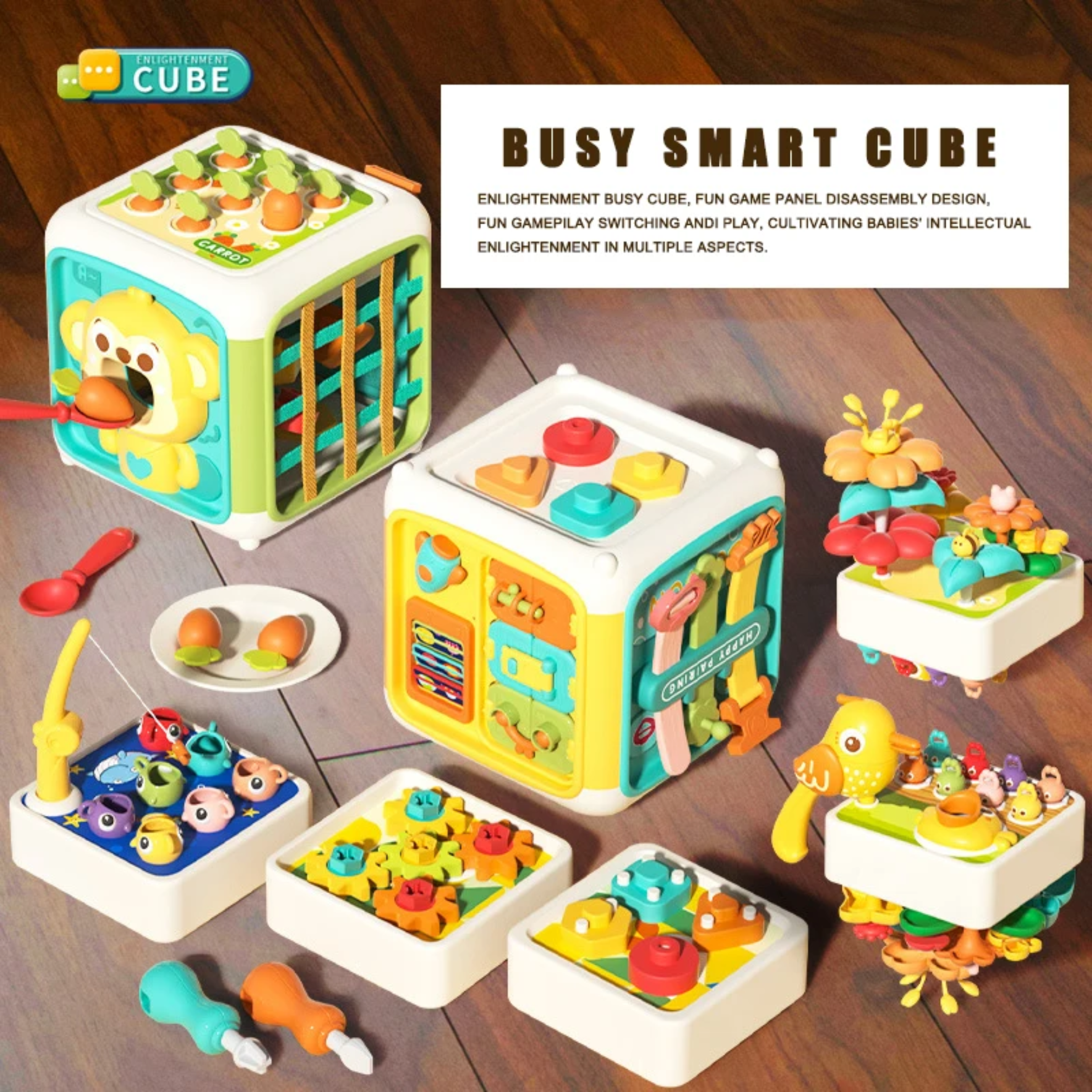 Cub activitati Montessori 6 in 1 – Jucarie educativa cu forme, sortare si motricitate - imagine 2