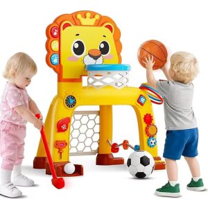 Set de joaca pentru copii model Leu cu poarta de fotbal, cos de baschet si jocuri interactive