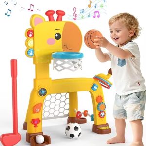 Set de joaca pentru copii model Girafa cu poarta de fotbal, cos de baschet si jocuri interactive